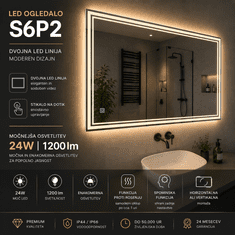 S6 Steklarstvo Šest LED ogledalo S6P2, 100x60cm / 60x100cm, dvojna LED linija, 3barve LED, dimmer, antifog