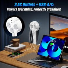 VYZIO® Zložljivi razširitveni vtič z 180° vrtenjem, 3 vtičnice + USB-A in USB-C, 1500 W, EU standard | FLEXSOCKET