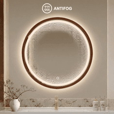 S6 Steklarstvo Šest LED ogledalo S614BR, fi 70cm, z lesenim okvirjem v rdeče-rjavi barvi, LED kopalniško ogledalo, 3barve LED, antifog