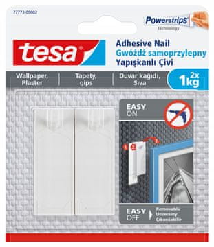 shumee TESA Samolepilni žeblji za obešanje s kavljem do 1 kg za tapete, bel omet, 2 kosa.
