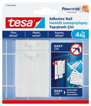 shumee TESA samolepilni stenski kaveljčki do 4 kg za ploščice, kovinski, beli, 2 kosa.