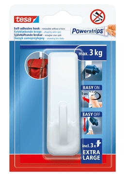 shumee TESA Hook, samolepilni kavelj, velik, za večkratno uporabo, pravokoten, bel, do 3 kg