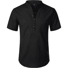 Nikcorp Moška Henley košulja LucMatton Slim Fit črna, kratki rokavi 3 gumbi, bombaž z dodatkom lana, odvajanje vlage, smart casual za poletje S