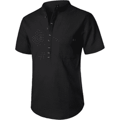 Nikcorp Moška Henley košulja LucMatton Slim Fit črna, kratki rokavi 3 gumbi, bombaž z dodatkom lana, odvajanje vlage, smart casual za poletje S