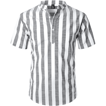 Nikcorp Moška Henley košulja LucMatton model Casual črte bombaž lan 3 gumbi, kratek rokav siva bela Slim Fit S