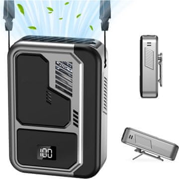 Nikcorp Prenosni ventilator Kukiwhy 4v1 na pas USB Type-C, 3 načini hitrosti, tihi brezkrtačni motor 25 dB, baterija 3000 mAh do 10 ur, polimer odporen na padce, 145 g LED zaslon, hlajenje za pisarno in