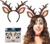 Komplet naglavni trak Johiux 2 kom jelenji rogovi umetno krzno poliester elastičen + nalepka tetovaža na obraz za sobo kostum Halloween karneval božič, set 2 kom
