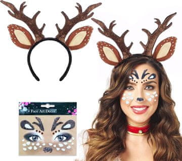 Nikcorp Komplet naglavni trak Johiux 2 kom jelenji rogovi umetno krzno poliester elastičen + nalepka tetovaža na obraz za sobo kostum Halloween karneval božič, set 2 kom