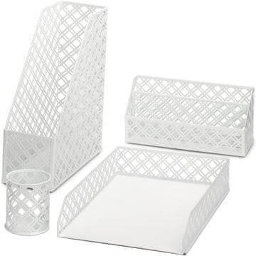 Nikcorp Namizni organizator Exerz komplet 4 kovinski perforiran beli set za A4 dokumente razdelilnik za pisma držalo za revije posodica za pisala stojalo 34 x 24,5 x 6,5 cm 34 x 25 x 9,5 cm 26,5 x 12,5 x 8,5