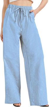Nikcorp Ženske poletne dolge hlače Zylioo, lan bombaž, široke nogavice Wide Leg, visok pas High Waist, modre, velikost M, udobna vrvica, 2 stranska žepa, casual za pisarno in potovanja