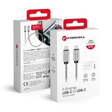FORCELL USB-C–USB-C kabel Forcell F-Energy QC4.0 PD 3A 66 W Metal 2 m C237, srebrn