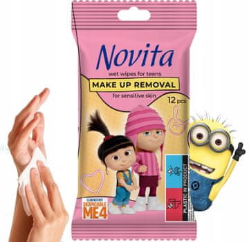 Novita NOVITA Minions vlažni robčki za odstranjevanje ličil za najstnike, 12 kosov.