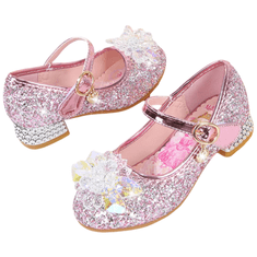 Nikcorp Dekliški copatki na peti Škofevojini Roza 36 EU sequin kristalčki bleščeči okraski, udobna sponka, mehka mikrovlaken, elastičen protizdrsni gumijast podplat, otroški cosplay bal karneval praznična