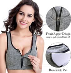 Nikcorp Športni top podprsenka SHEKINI push-up z naramnim sprednjim zadrgo, zračna hitro sušeča tkanina, fitnes joga tek borilni športi plezanje, velikost 3XL, siva