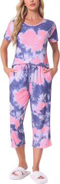 Nikcorp Ženska pižama Cheibear set 2-dijelni majica kratki rukav i capri hlače Tie-Dye prozračna tkanina odvod vlage ljubičasta XL