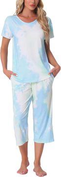 Nikcorp Ženska pižama komplet Cheibear tie-dye 2-delni majica kratki rokav + hlače elastičen pas, okrogel izrez, zračen udoben komplet za dom modra