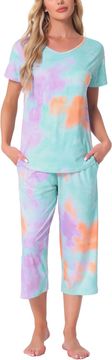 Nikcorp Ženska pižama komplet Cheibear tie-dye 2-dijelni set majica kratki rukav okrugli izrez kapri hlače elastičan struk odvod vlage prozračno džepovi barvna