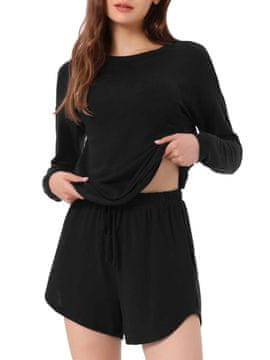 Nikcorp Ženski komplet teplákov pižama set majica dolg rokav + kratke hlače črna XS, mehko pletivo elastičen pas, homewear športni stil