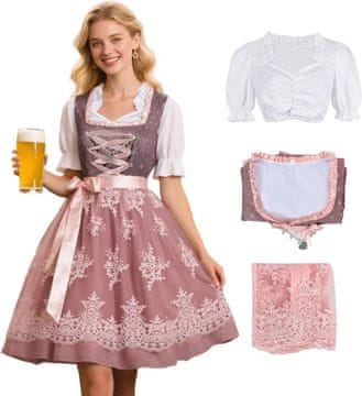 Nikcorp Dirndl Oktoberfest za ženske bavarski tradicionalni Style E čipkast predpasnik roza šifon 98% poliester 2% elastan velikost S