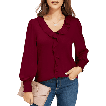 Nikcorp Ženska bluza z V izrezom, nabirajoči rokavi, vintage elegantni casual stil, mehki pleten utrip, regular fit, bordo barva, velikost M
