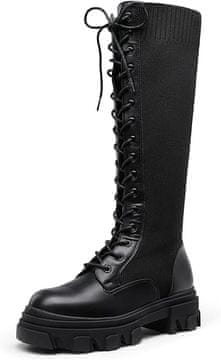 Nikcorp Damski škornji do kolen DREAM PAIRS model na visoki peti 3 palci 7,6 cm koničast nos elastičen eko-semiš črna barva TPR podplat protizdrsna zadrga velikost 40,5 EU