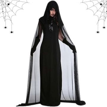 Nikcorp damski kostim Sunshine smile vampirska nevesta duh gospa mlada na noč čarovnic dolga obleka 2XL komplet z ogrinjalom s kapuco in rokavicami črna, elastan