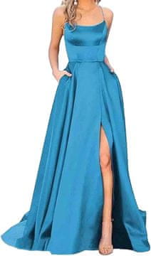Nikcorp večerna maxi obleka HAHAEMMA Eleganten A-line z žepi, visok pas Empire waist, vgrajene košarice halterneck/spaghetti, odprt hrbet, visok razporek, modra XS, poliester in mlečna svila