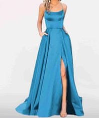 Nikcorp večerna maxi obleka HAHAEMMA Eleganten A-line z žepi, visok pas Empire waist, vgrajene košarice halterneck/spaghetti, odprt hrbet, visok razporek, modra XS, poliester in mlečna svila
