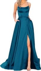 Nikcorp večerna maxi obleka HAHAEMMA Eleganten A-line z žepi, visok pas Empire waist, vgrajene košarice halterneck/spaghetti, odprt hrbet, visok razporek, modra XS, poliester in mlečna svila