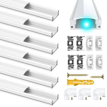 Nikcorp LED aluminijast profil Chesbung U-oblika komplet 6 kos 1 m, bela PC difuzor za trakove do 12 mm, set 12 pokrovčkov 24 montažnih sponk 48 vijakov