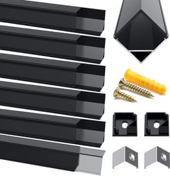 Nikcorp Kotnik aluminijasti LED profil komplet Črna eloksiran aluminij V oblika 6x1 m PC difuzor za LED trakove širina do 12 mm z montažnimi sponkami in vijaki