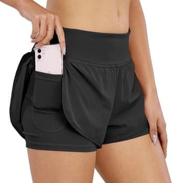 Nikcorp Ženske kratke hlače za tek in fitnes 2 v 1 dvoplastne, elastične notranje gamaše, hitro sušeče, visok pas High Waist, 3 žepi z YKK zadrgo, črne XXL 95% poliester 5% elastan