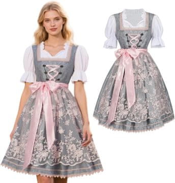 Nikcorp Dirndl obleka HarnyLoom midi Oktoberfest komplet 3 v 1: obleka, bluza s kratkimi rokavi, snemljiv predpasnik, ročno vezenje in satenski detajli, mešanica bombaž poliester, bela/modra, velikost 42