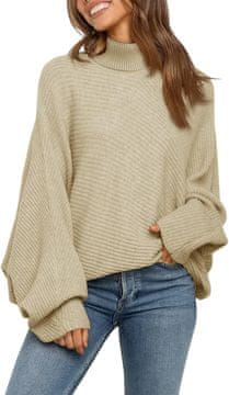 Nikcorp Ženski pulover ImilyBela oversize s rolákom, široký střih, debela pletenina khaki M, duga rukava batwing