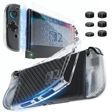 Nikcorp Ohišje za konzolo Nintendo Switch 2 HEYSTOP set kaljeno steklo 9H TPU zaščita zaslona 1 ohišje 1 steklo 6 prevlek za analogne palčke protizdrsna tekstura, priklop brez demontaže