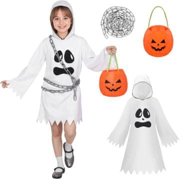 Nikcorp Otroški kostum duha Raveparty Zastrašujoč duh za noč čarovnic, karneval in cosplay, komplet s verigami in bučo vrečko za sladkarije, zapenjanje, poliester, 100% poliester, XL 125–145 cm