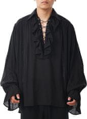 Nikcorp Moška srajca GRACEART Vintage piratski gotski viktorijanski stil, bombaž lan mešanica, antistatična zračna, vezan šnueren izrez, volančki pri ovratniku in manšetah, oversized kroj, črna, unisex