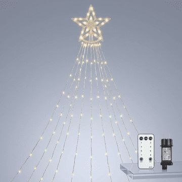 Nikcorp LED svetlobna zavesa TobeBright 3,5 m 360 diod 9 girland zvezde IP44 8 načinov osvetlitve 4 ravni svetlosti za božično dekoracijo smreke, vrt, terasa