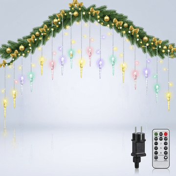 Nikcorp LED svetlobna zavesa ZEWETO Zimske ledene kapljice 10 m, 360 LED, IP44 vodoodporen, 8 načinov osvetlitve, daljinski upravljalnik in časovnik, hladen bel sij, kabel 5 m