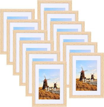 Nikcorp Komplet okvirjev Spotjoy 12 kom leseni MDF za slike 13 x 18 cm nezlomljivo akrilno steklo passe-partout možnost 9 x 13 cm navpična vodoravna montaža