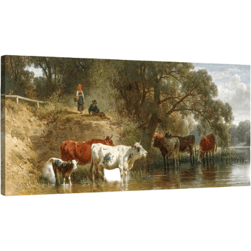 Nikcorp Slika na platnu z lesenim okvirjem Býk nad reko, sodoben HD digitalni tisk, ležeča orientacija 50 x 100 cm, pripravljeno za obešanje z kljukami