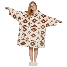 Nikcorp Kocobluza 2v1 pletena bluza-koc oversize Kengurujčki z žepom Abstrakten vzorec bež, flanela 200 g/m² sherpa 230 g/m², 100% poliester OEKO-TEX Standard 100