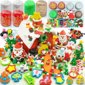 Nikcorp Komplet ciastoliny DIY Kreativni set 280+ elementov bleščeča modelina za praznične figurice, 6 posod 85 g (skupaj 510 g) v organizatorju 22,3 x 17 cm, materiali pšenica, voda in sol
