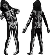 Nikcorp Otroška preobleka okostnjaka Emin Skeleton kostum za noč čarovnic, komplet kombinezon s kapuco in maska 3D potisk, črna 150 cm