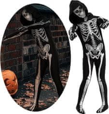 Nikcorp Otroška preobleka okostnjaka Emin Skeleton kostum za noč čarovnic, komplet kombinezon s kapuco in maska 3D potisk, črna 150 cm