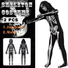 Nikcorp Otroška preobleka okostnjaka Emin Skeleton kostum za noč čarovnic, komplet kombinezon s kapuco in maska 3D potisk, črna 150 cm