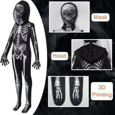Nikcorp Otroška preobleka okostnjaka Emin Skeleton kostum za noč čarovnic, komplet kombinezon s kapuco in maska 3D potisk, črna 150 cm