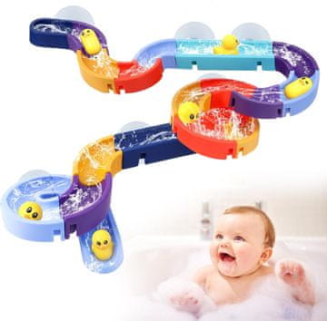 Nikcorp Vodna steza Marble Run vodna igrača za kad Vodna steza za žogice 34 kosov, 20 barvnih delov, 8 priseskov, 6 drsnih igrač, plastični komplet za kopanje, starost 3+