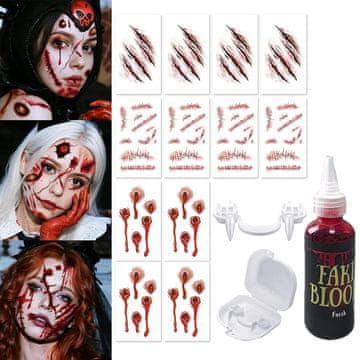 Nikcorp Komplet za Halloween makeup umetna kri in vampirski zobje, pralne tetovaže z brazgotinami 12 kosov, 30 ml, mehanizem izvleka z nadzorom z jezikom, za kostum zombija in vampirja