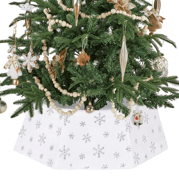 Nikcorp Božična prevleka za stojalo drevesa z ovratnico Ø 63 cm, belo-srebrna z bleščicami in snežnimi lističi, žamet, notranja ojačitev, zapenjanje na velcro, višina 27 cm